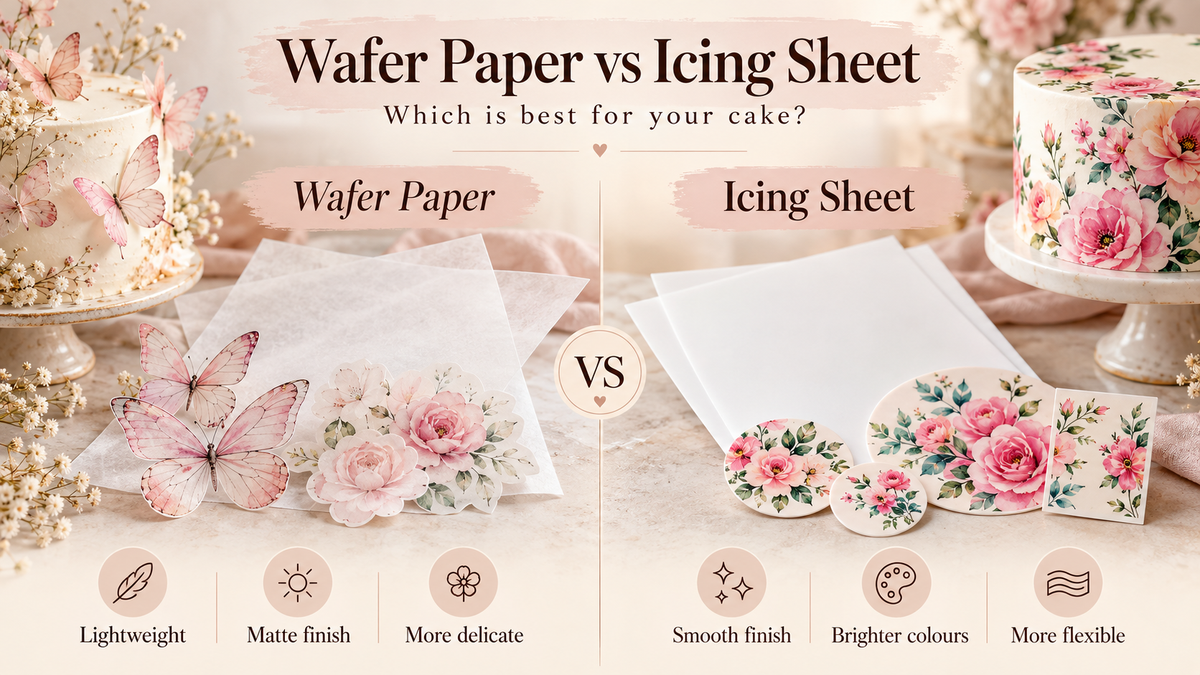 Wafer paper vs icing sheet comparison for edible cake toppers and cake decorating