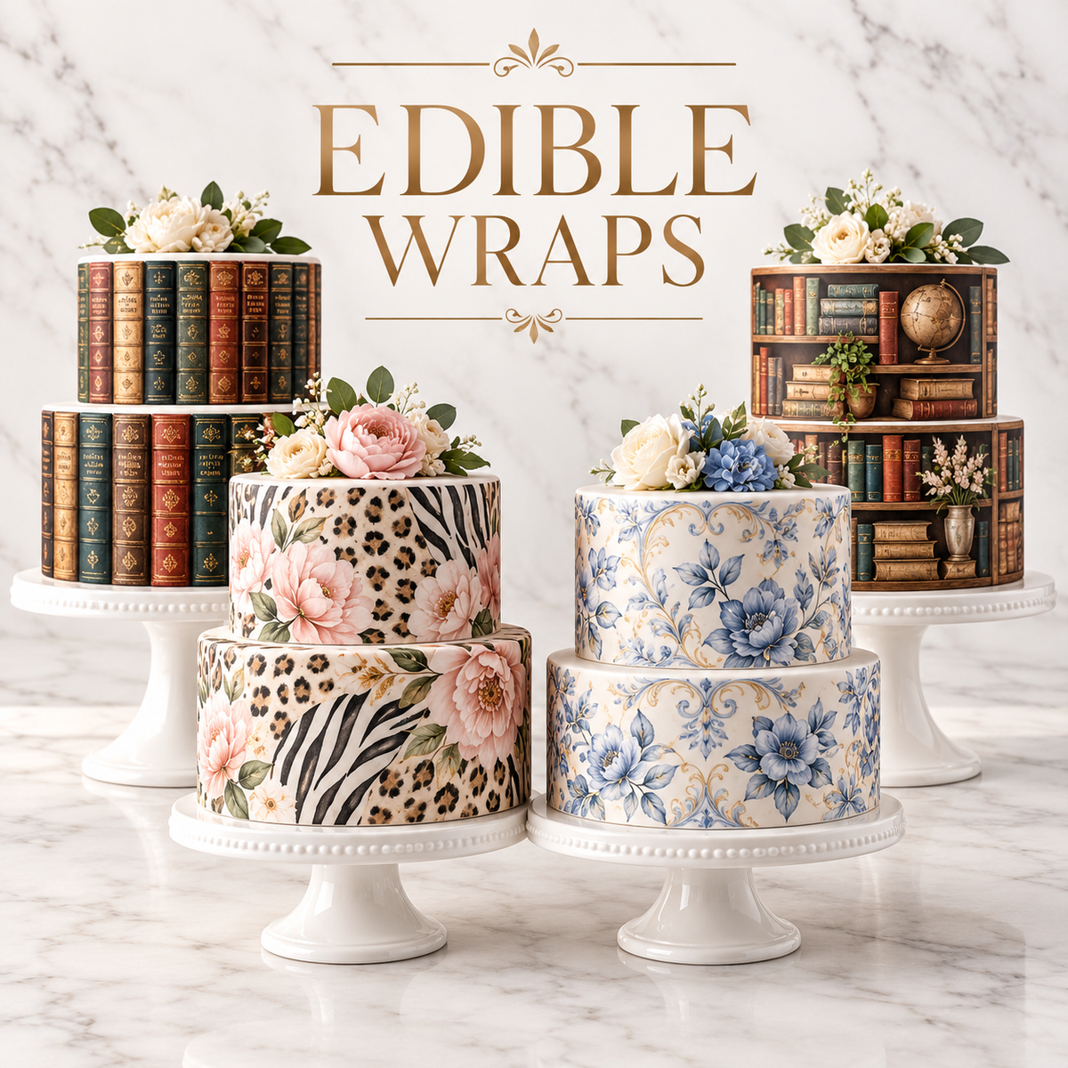 Edible cake wraps with printed designs for decorating round cakes