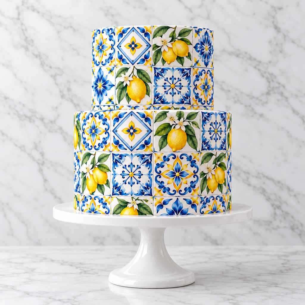 Two-tier cake decorated with Portuguese lemon azulejo edible wrap in blue, white and yellow