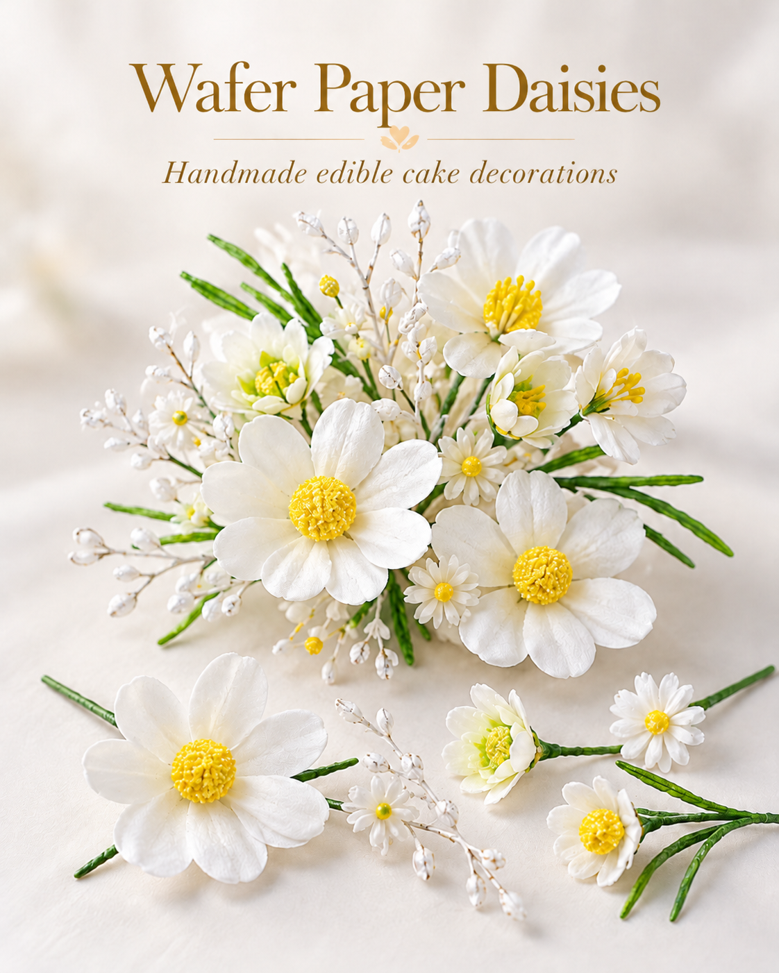 Handmade white wafer paper daisies with yellow centres for edible floral cake decorating.