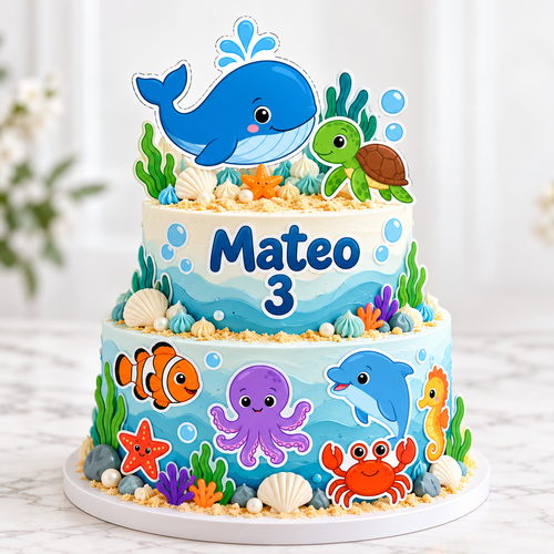 Under the sea edible cake toppers with colourful ocean animals for birthday cake decoration