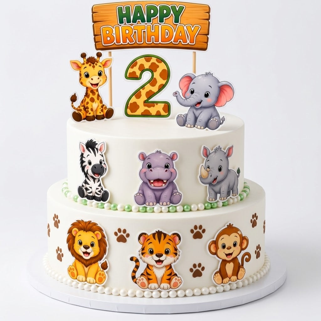Safari animals edible birthday cake topper design available in wafer paper or icing sheet.