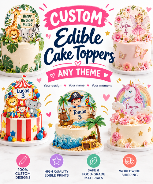 Custom edible cake topper design examples for personalised celebration cakes