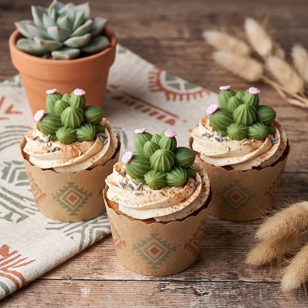 Handmade edible cactus sugar paste cake toppers, coordinated set of nine for desert-themed cakes.
