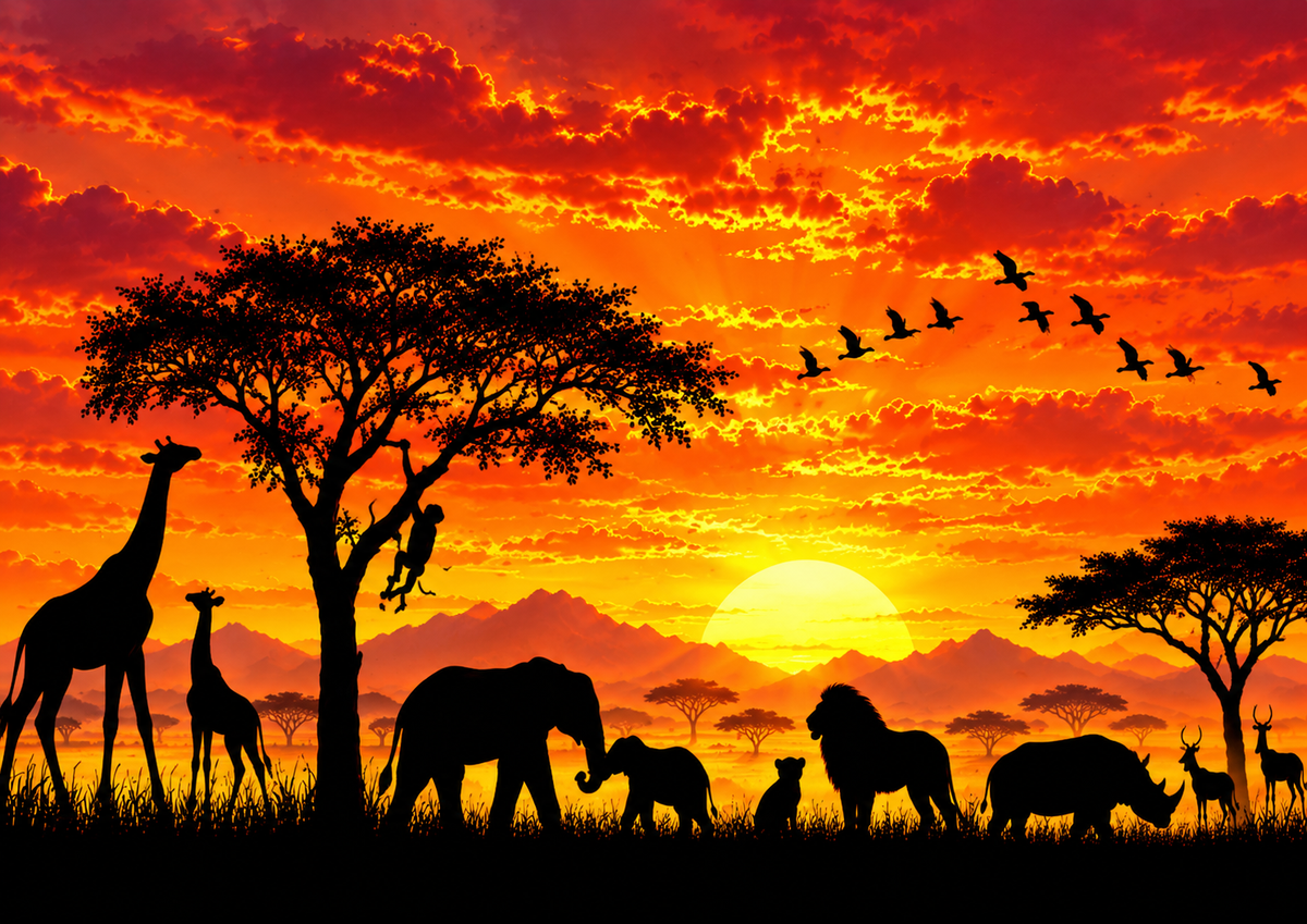 Safari Sunset Edible Cake Wrap – African Savannah Silhouette A4 Cake Border