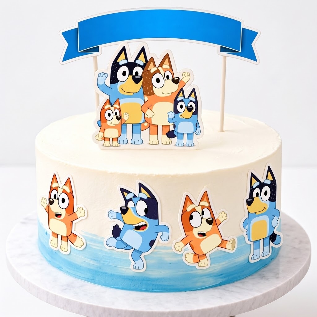 Blue dog cartoon edible cake topper design for birthday cakes, printed on wafer paper or icing sheet.