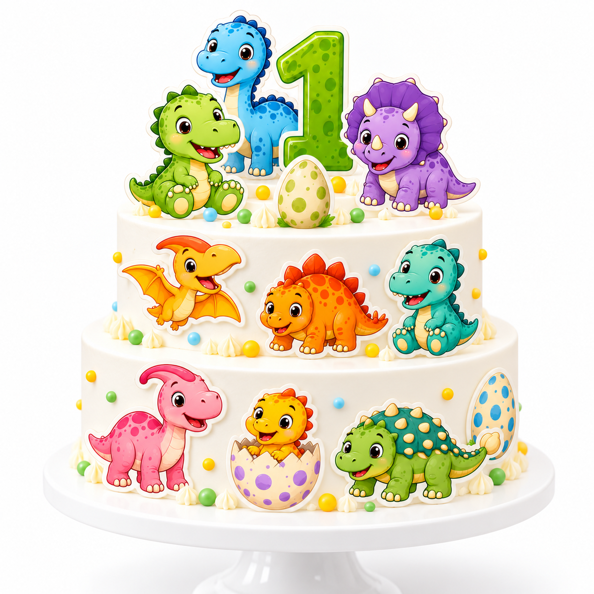 Colorful dinosaur edible cake toppers and birthday cake decoration design preview