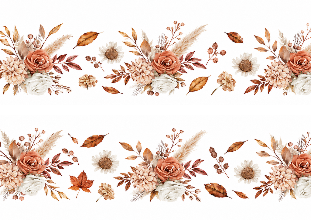 Design 1 two autumn rose and leaf cake wrap strips on A4 paper separated by approximately 1 cm