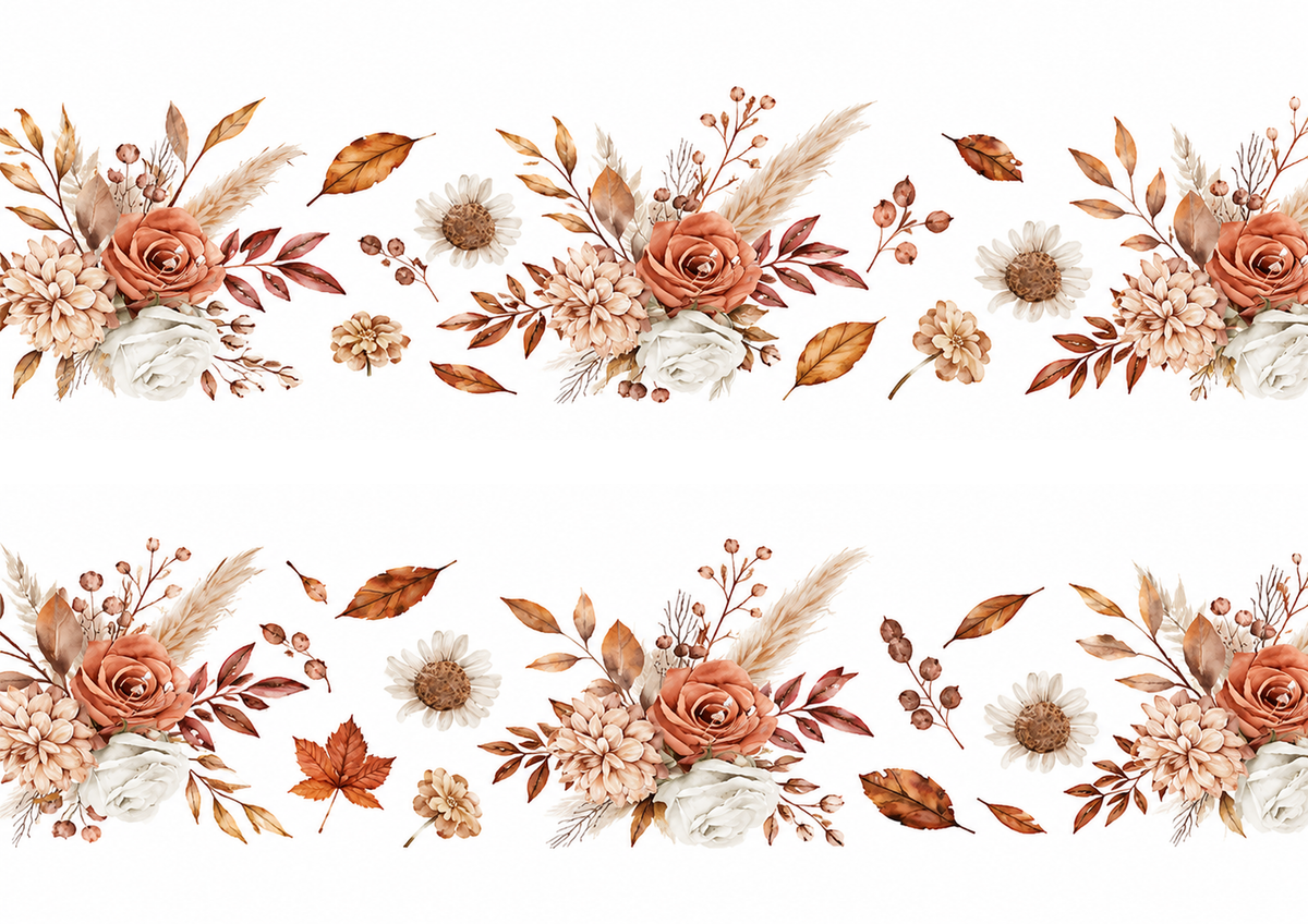 Design 1 two autumn rose and leaf cake wrap strips on A4 paper separated by approximately 1 cm