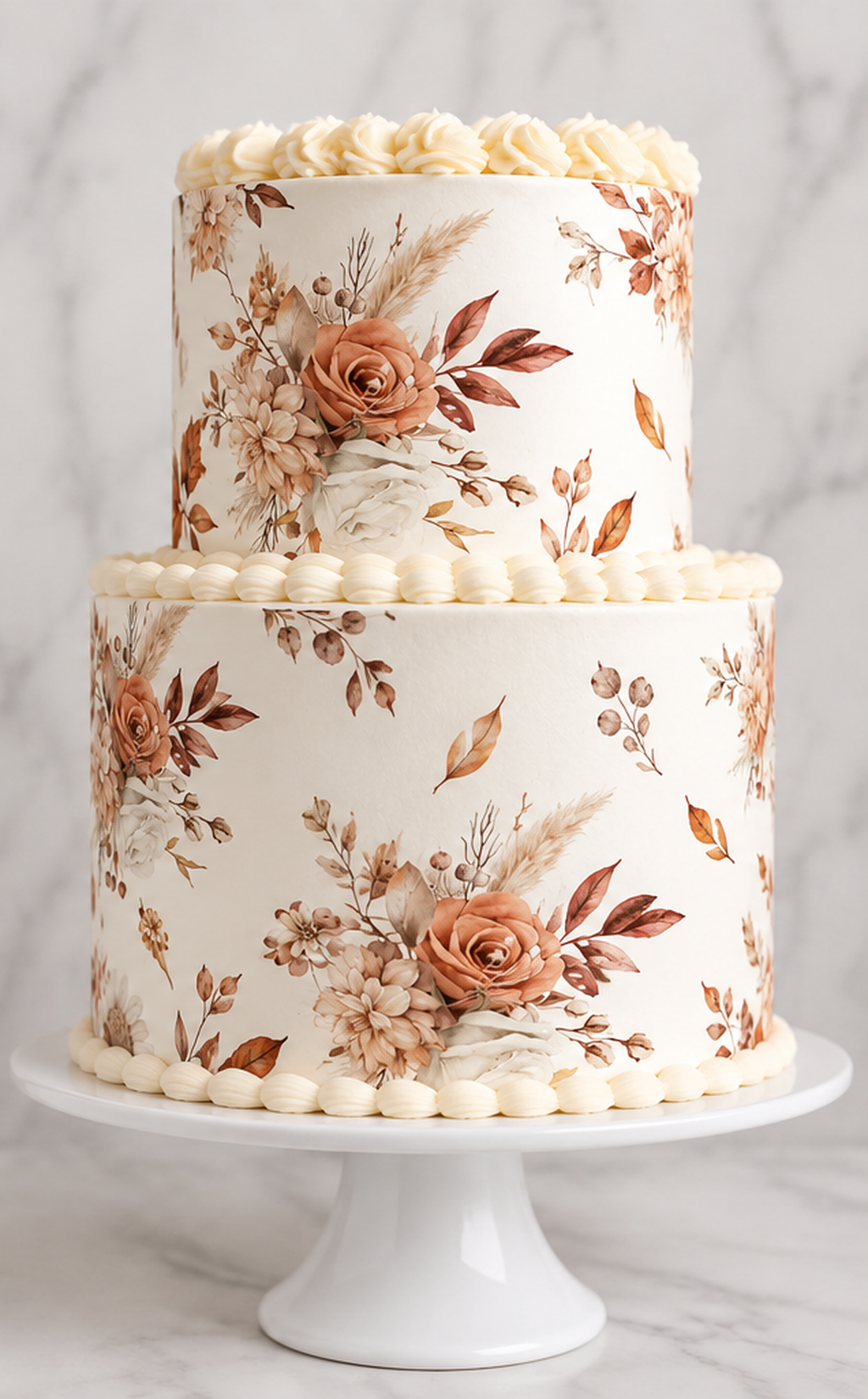 Two-tier white cake covered with airy terracotta autumn floral edible cake wraps on a white cake stand