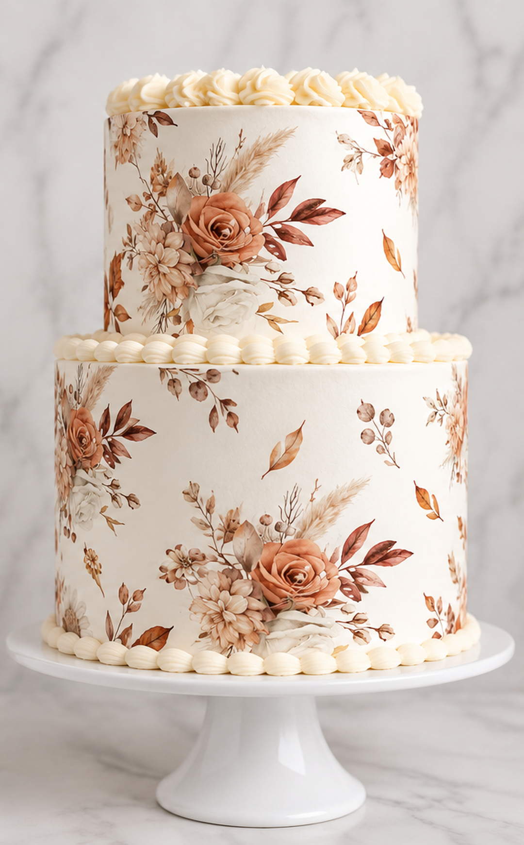 Two-tier white cake covered with airy terracotta autumn floral edible cake wraps on a white cake stand