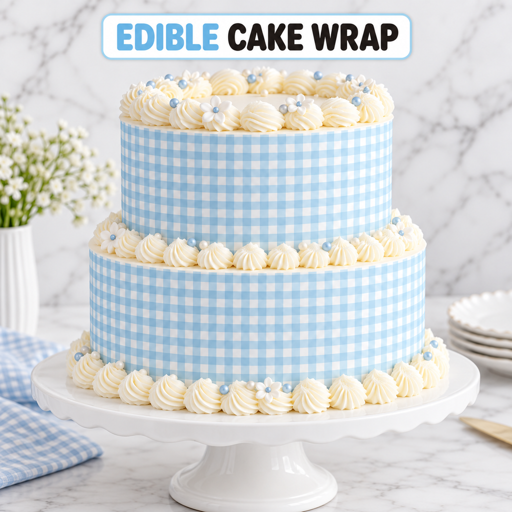 Two-tier cake decorated with pastel baby blue gingham edible cake wrap on a white cake stand