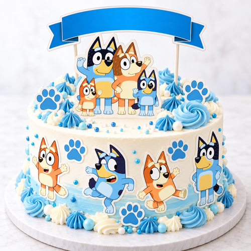 White birthday cake decorated with Bluey family edible toppers, blue paw prints, a blank blue banner and blue piped swirls.