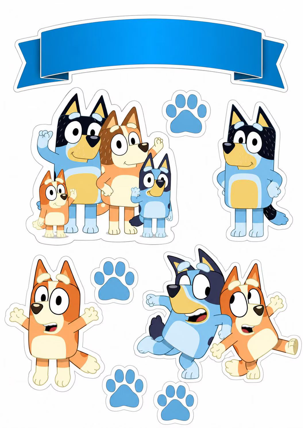 Bluey family edible cake topper design sheet with dancing Bluey and Bingo, a blank dark blue banner and blue paw prints.