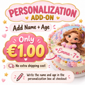 Personalization add-on for a custom name and age on an edible cake topper.