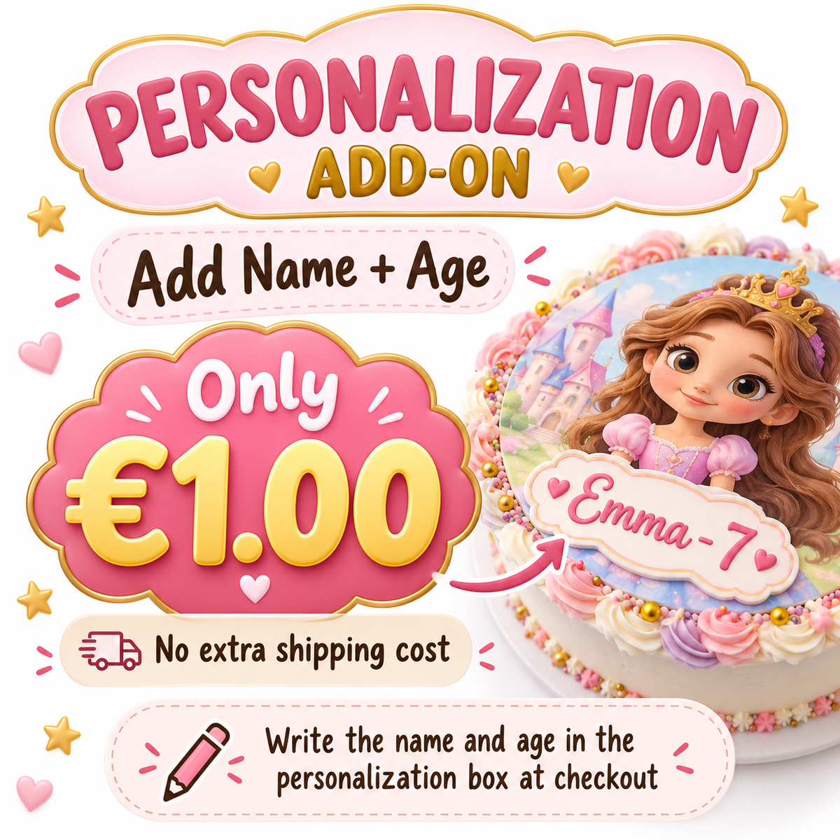 Personalization add-on for a custom name and age on an edible cake topper.