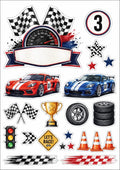 Racing car edible cake topper designs with number 3, chequered flags, trophy, tyres and blank banner.