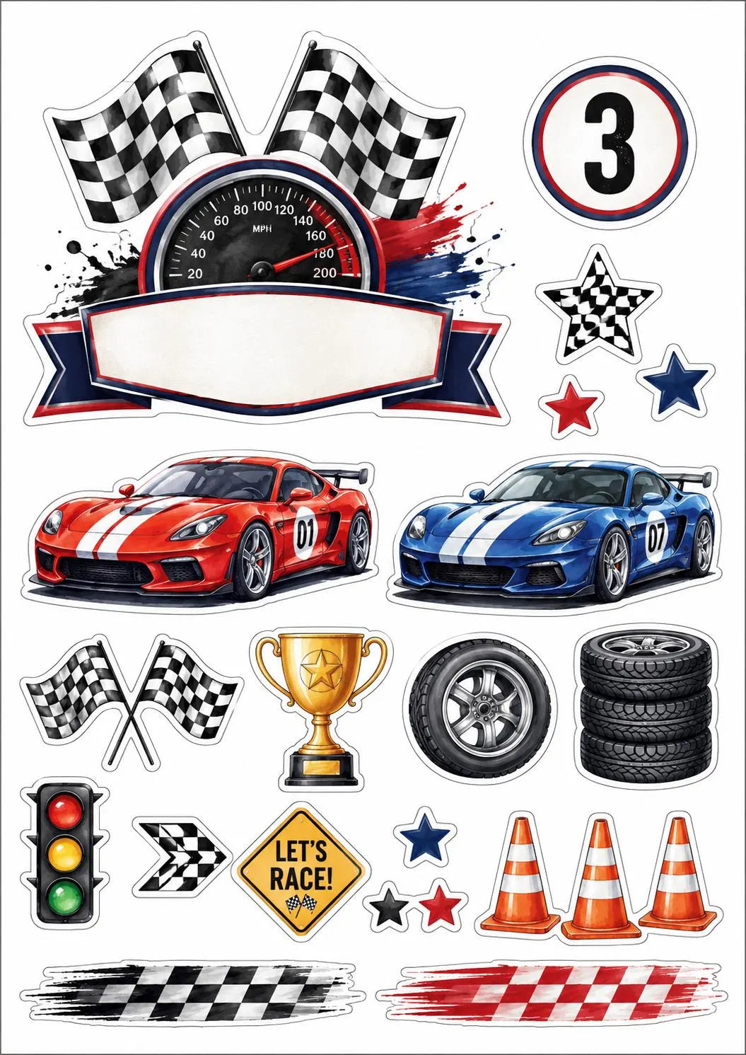 Racing car edible cake topper designs with number 3, chequered flags, trophy, tyres and blank banner.