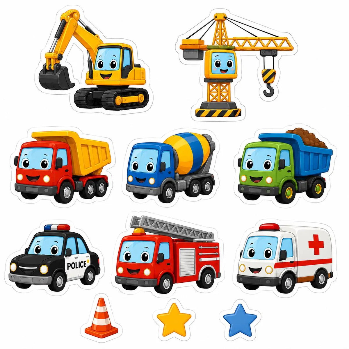 Construction and emergency vehicle edible cake topper designs with excavator, crane, trucks and traffic cone.