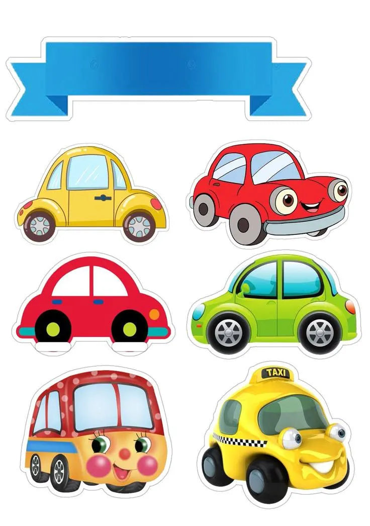 Colourful cartoon car edible cake topper designs with a taxi, van and blank blue banner.