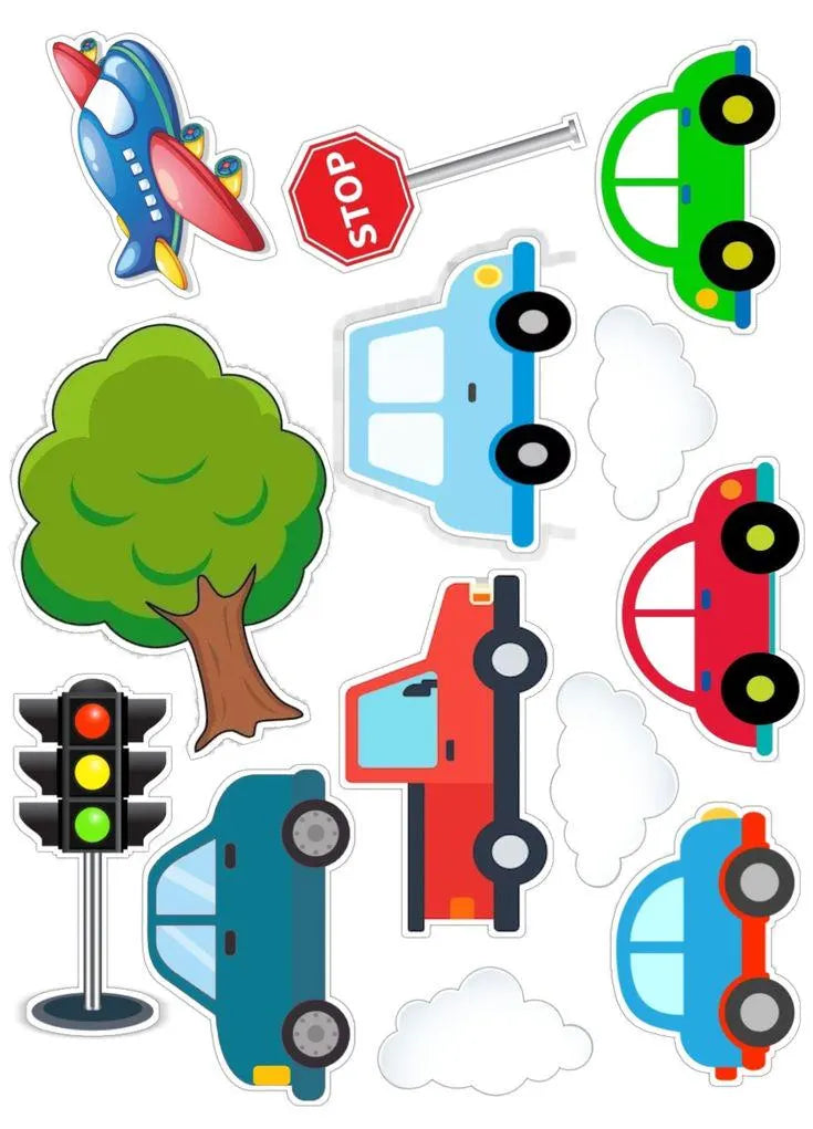 Car and transport edible cake topper designs with aeroplane, tree, traffic light and stop sign.