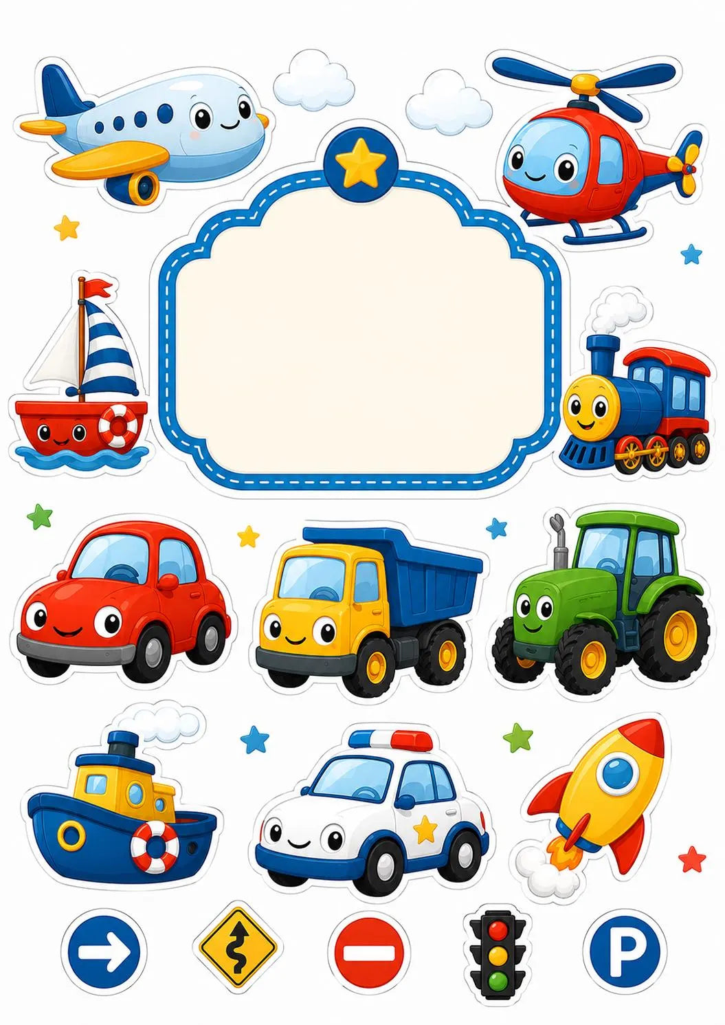 Transport edible cake topper designs with plane, helicopter, boat, tractor, train, rocket and blank plaque.