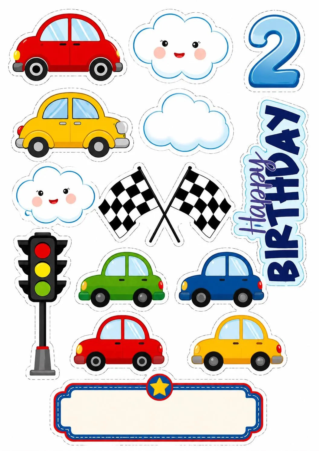 Car edible cake topper designs with blue number 2, chequered flags, clouds and blank plaque.