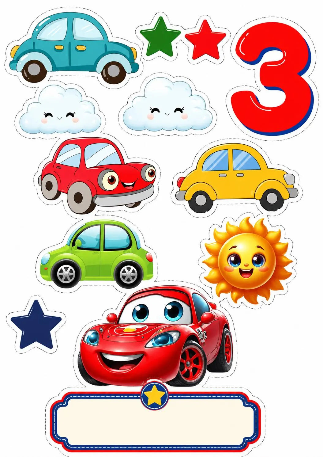 Cartoon car edible cake topper designs with red number 3, stars, sunshine and blank plaque.