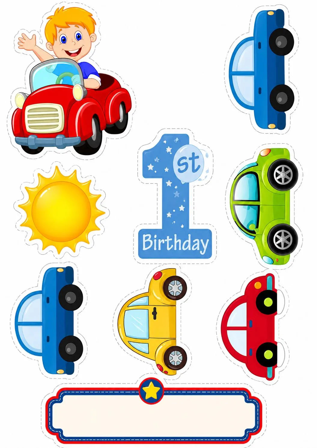 First birthday car edible cake topper designs with blue number 1, colourful cars, sun and blank plaque.