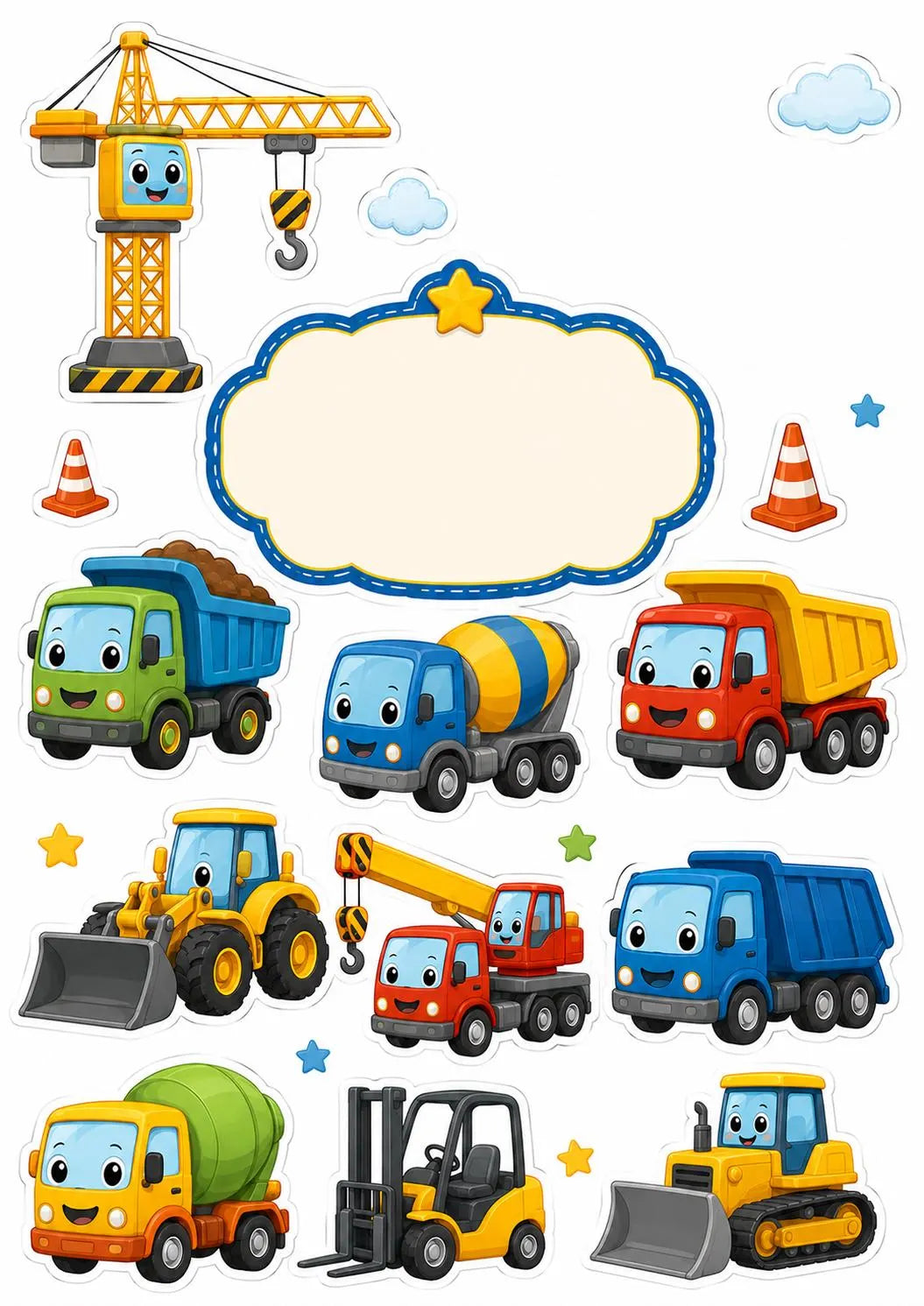 Construction vehicle edible cake topper designs with crane, diggers, trucks, cones and blank plaque.