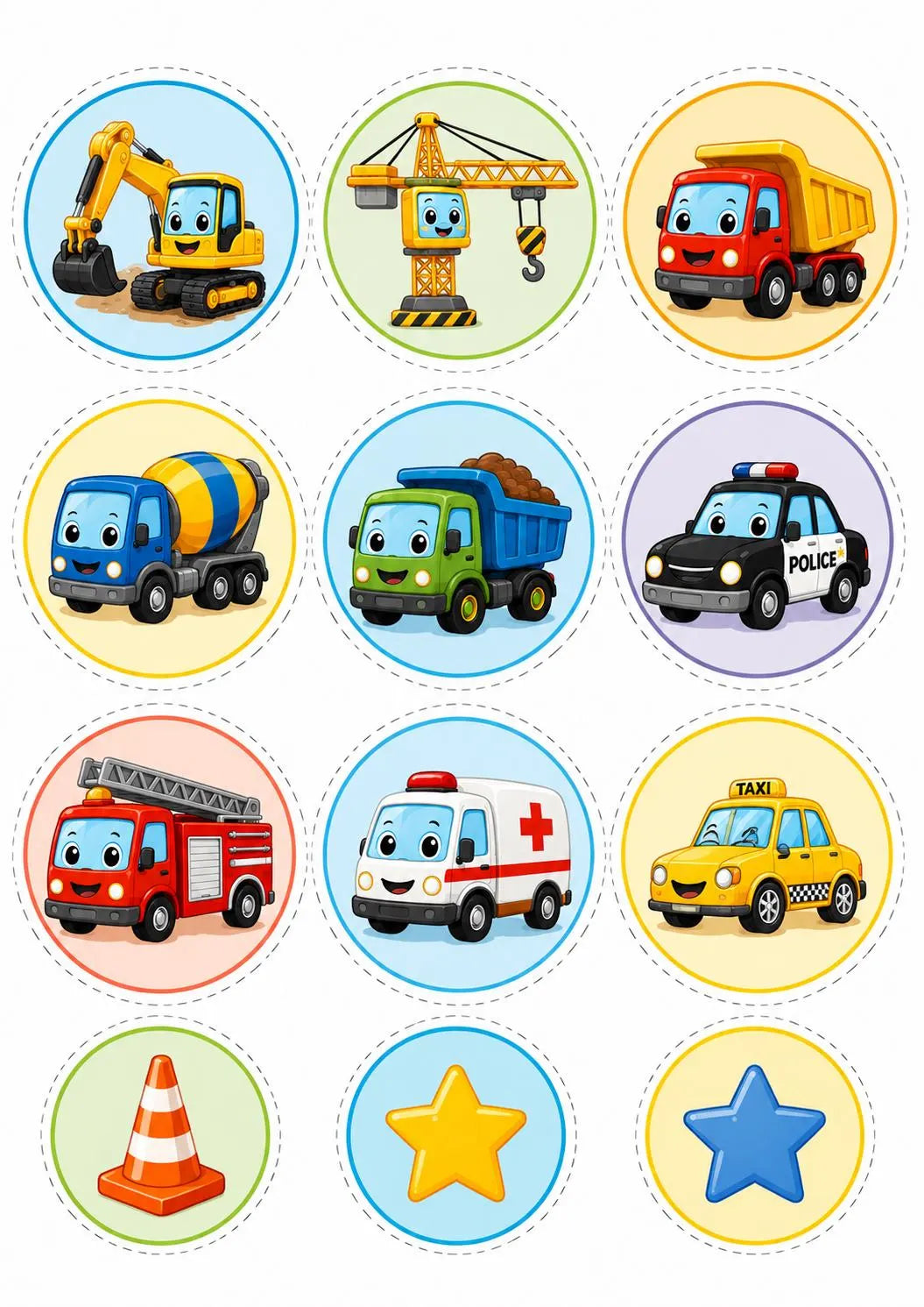 Round edible vehicle cupcake topper designs with construction trucks, emergency vehicles, stars and a cone.