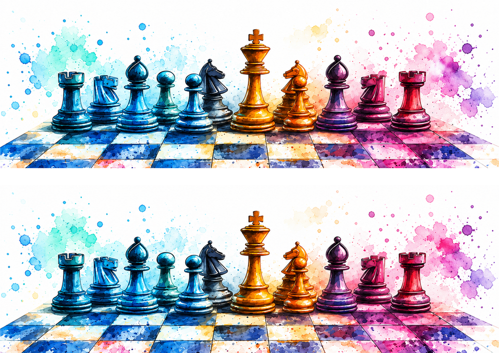 Design 1: two 29.7 by 10 cm watercolor chess cake wrap strips on A4 landscape sheet
