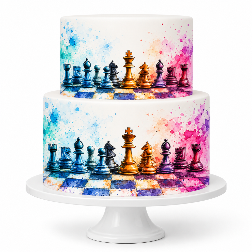 Two-tier cake decorated with watercolor chess edible cake wrap on a white stand