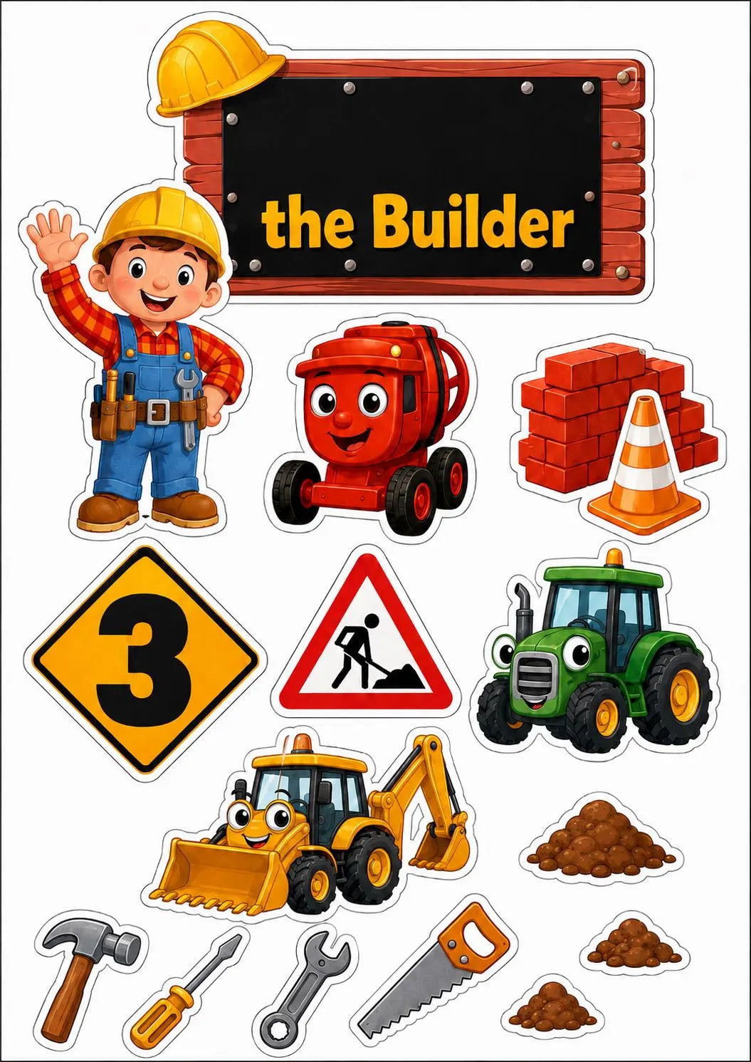 Edible construction cake topper design with cartoon builder, tools and construction vehicles.