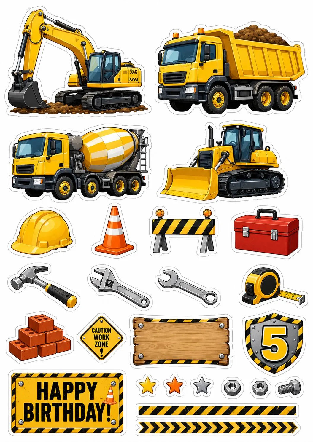 Edible construction cake topper design with yellow machinery, hard hat and birthday lettering.