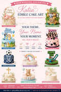 Custom edible cake topper examples in wafer paper or icing sheet for birthdays, weddings and themed celebrations.