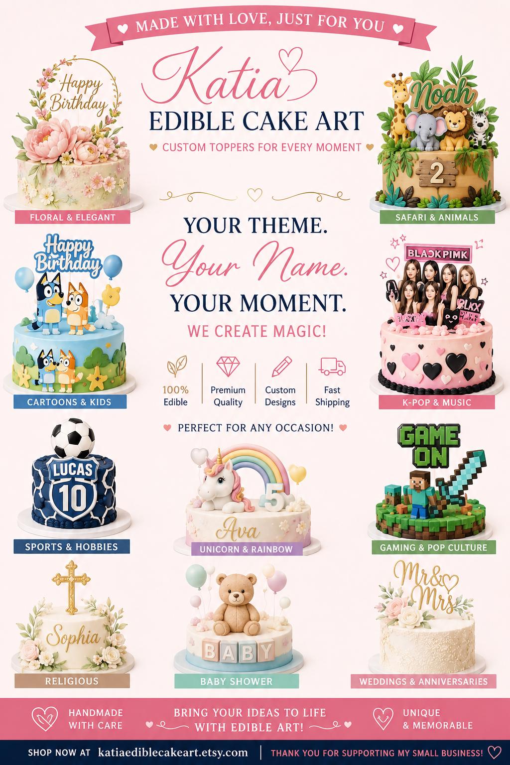 Custom edible cake topper examples in wafer paper or icing sheet for birthdays, weddings and themed celebrations.
