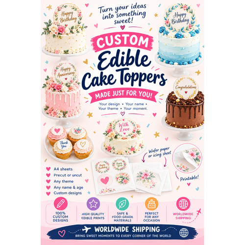 Custom personalised edible cake topper – square catalog image for birthday and celebration cake designs
