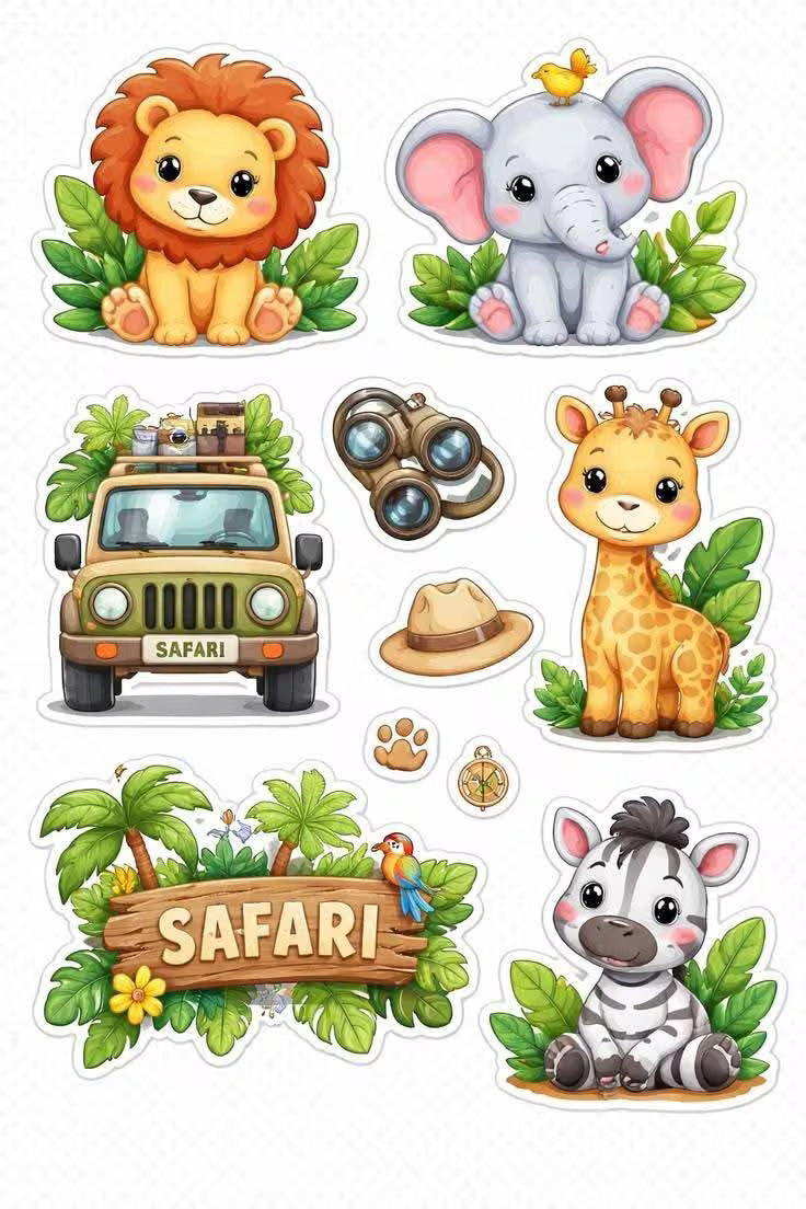 Safari edible cake topper design for wafer paper or icing sheet with lion, elephant, giraffe, zebra and jeep.
