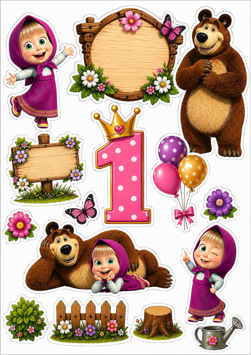 Cute girl and bear edible cake topper design 2 in wafer paper or icing sheet for birthday cakes and cupcakes.