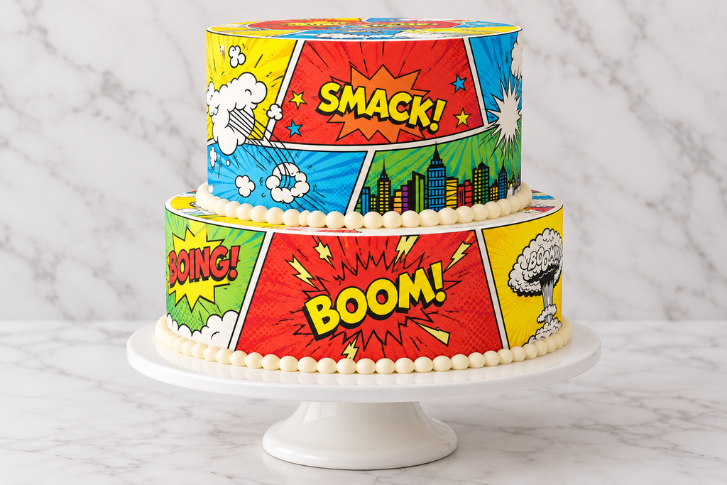 Two-tier superhero cake decorated with colourful comic-book action panels and BOOM graphics