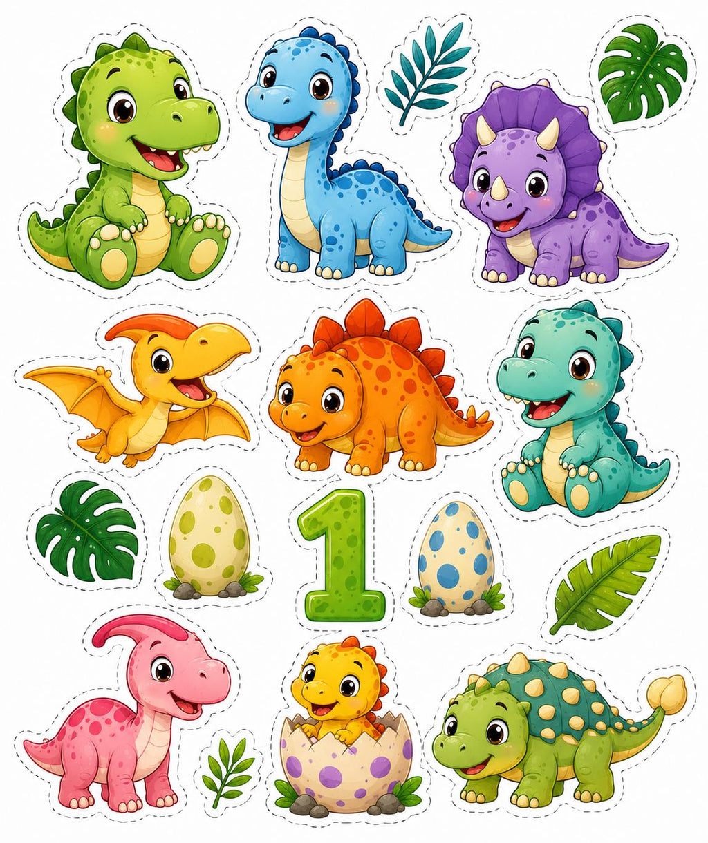 Colourful dinosaur edible cake topper designs with number 1, tropical leaves and dinosaur eggs.