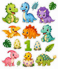 Colourful dinosaur edible cake topper designs with number 1, tropical leaves and dinosaur eggs.