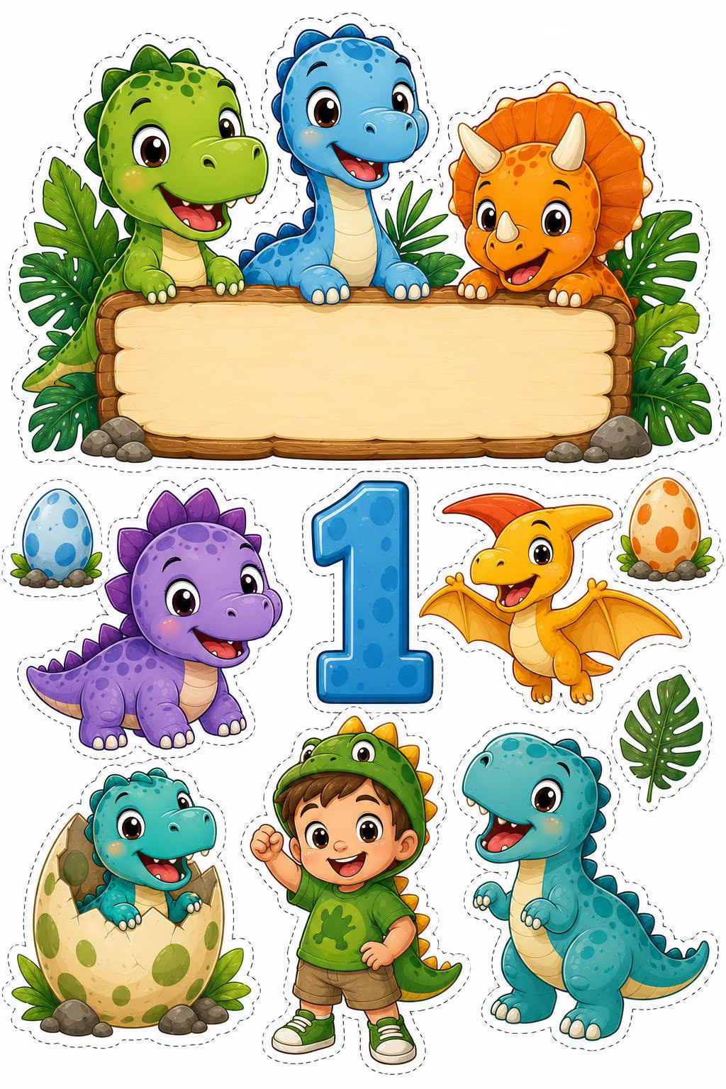 Dinosaur edible cake topper designs with number 1, blank wooden plaque and a child in a dinosaur costume.