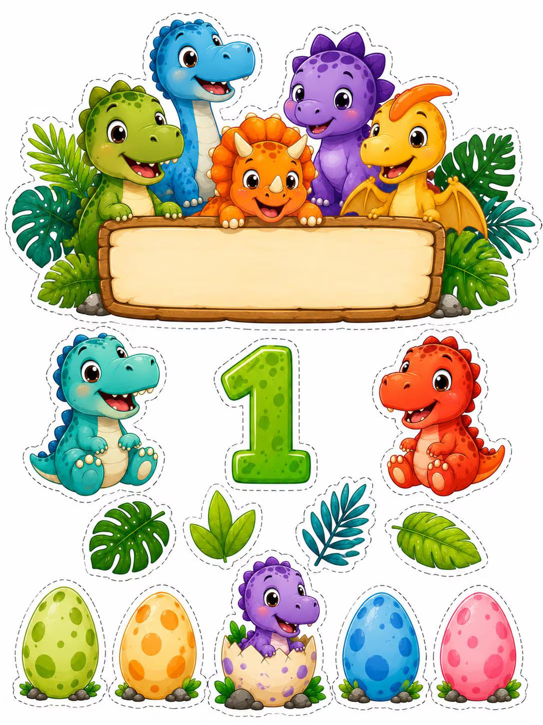 Dinosaur edible cake topper designs with number 1, blank plaque, tropical leaves and colourful eggs.