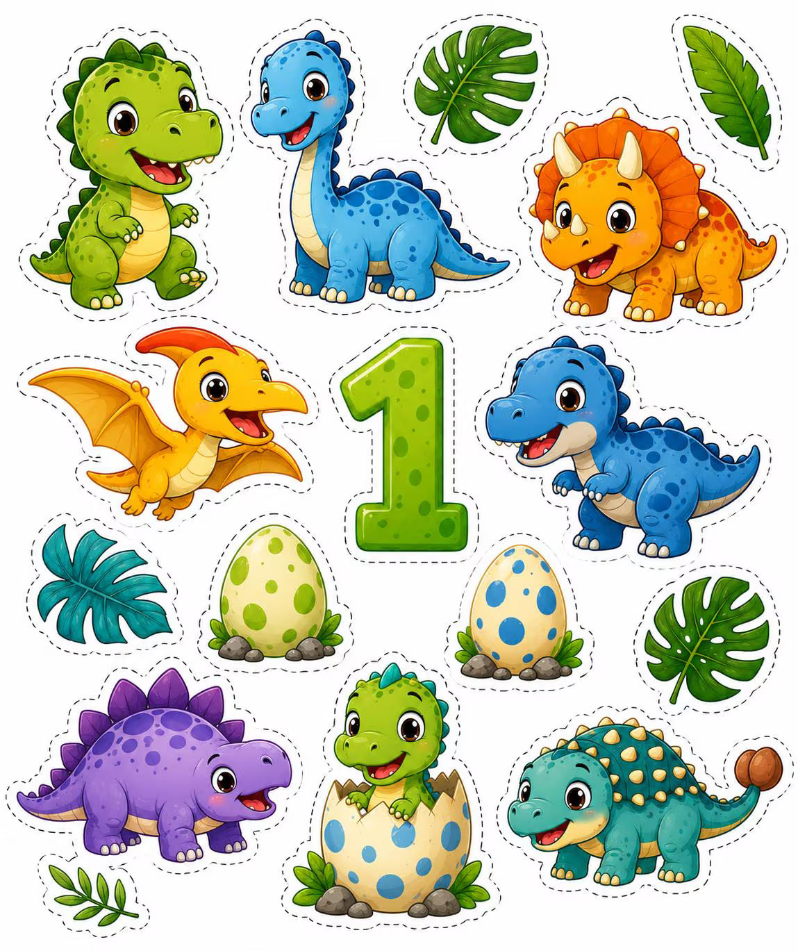 Dinosaur edible cake topper designs with green number 1, tropical leaves and spotted eggs.