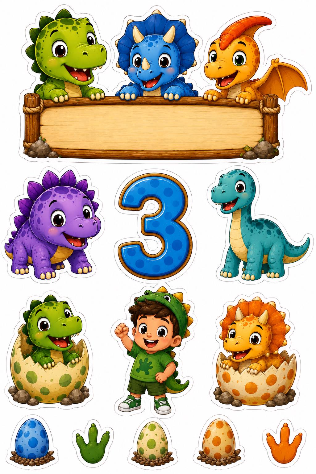 Dinosaur edible cake topper designs with blue number 3, blank wooden plaque and hatching dinosaurs.