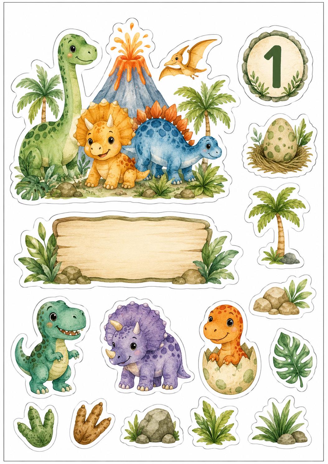 Pastel dinosaur edible cake topper designs with number 1, volcano, tropical leaves and blank plaque.