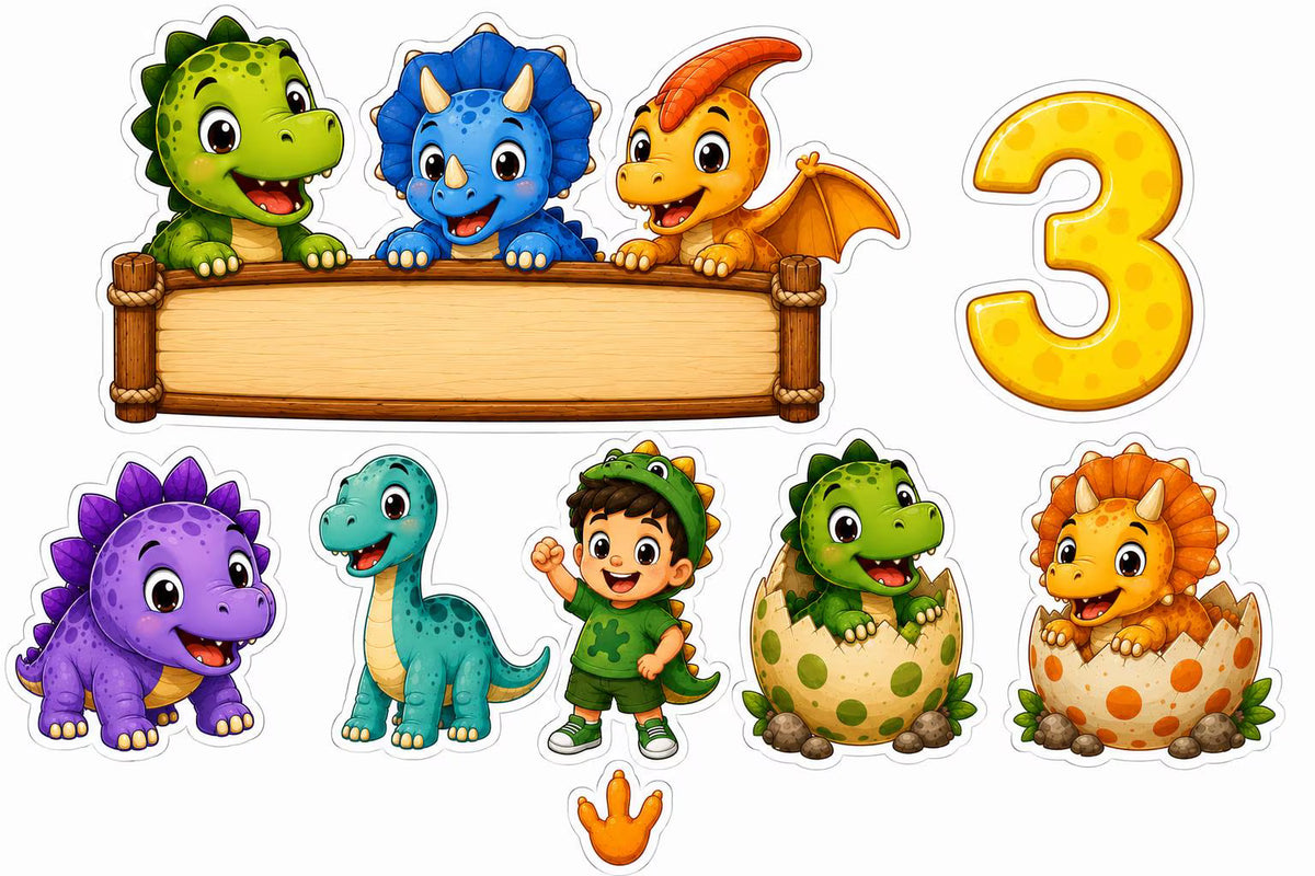 Dinosaur edible cake topper designs with yellow number 3, blank wooden plaque and hatching dinosaurs.