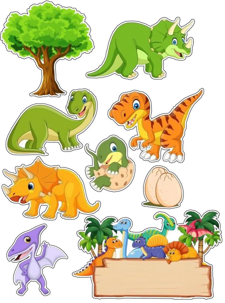 Cartoon dinosaur edible cake topper designs with a tree, eggs, tropical leaves and blank plaque.
